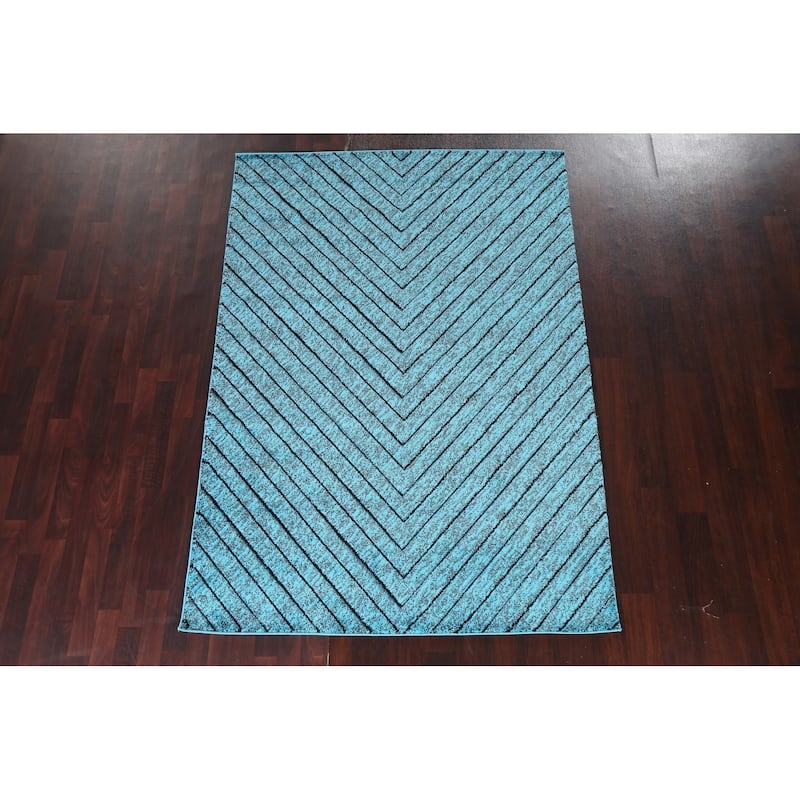 Turquoise Blue Chevron Style Transitional Turkish Rug Oriental Carpet