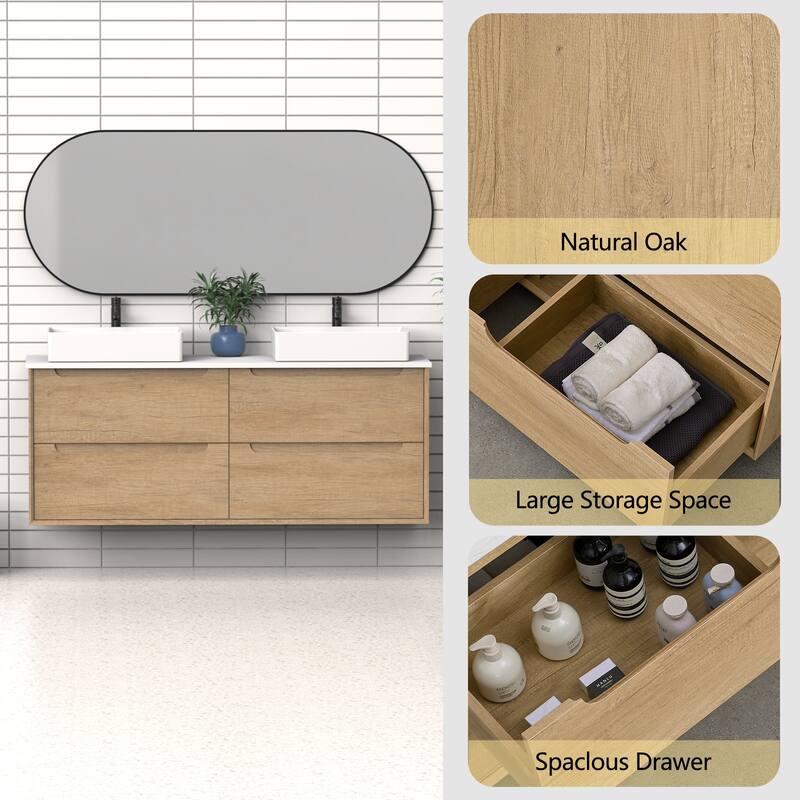 60" Solid Wood Bathroom Vanity with White Quartz Countertop Ceramic Vessel Sink