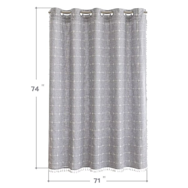 dimension image slide 1 of 4, No Hooks Linen Textured Geometric Tassels Shower Curtain with Snap-in Liner