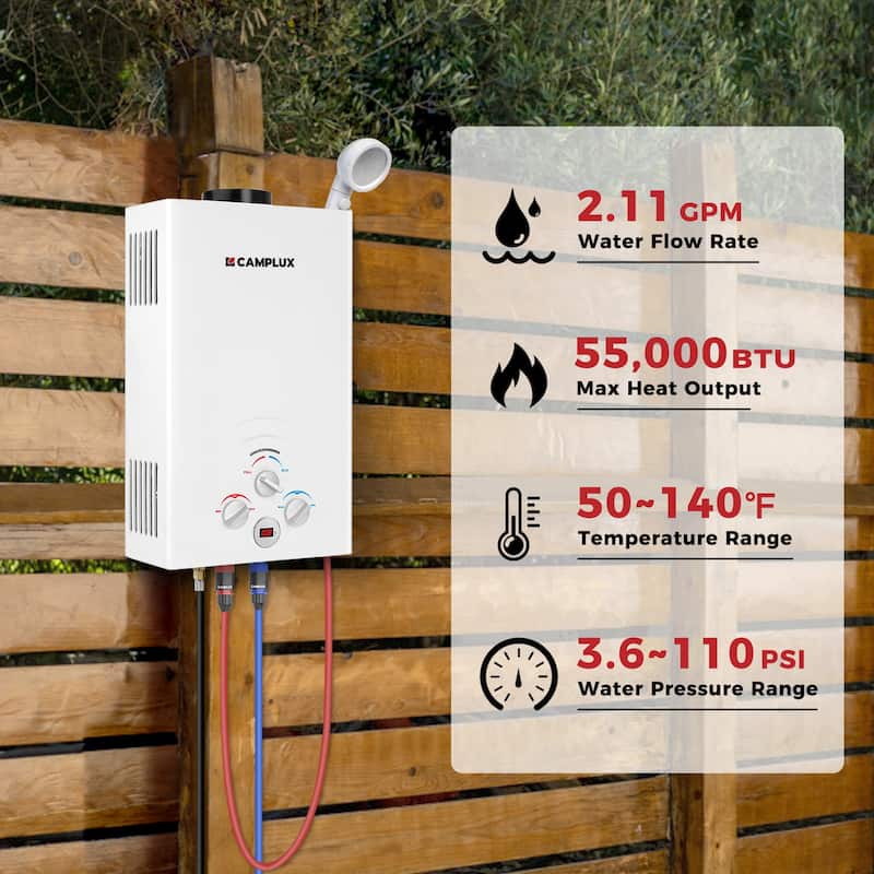 CAMPLUX 8L 2.11 GPM Outdoor Portable Propane Tankless Water Heater