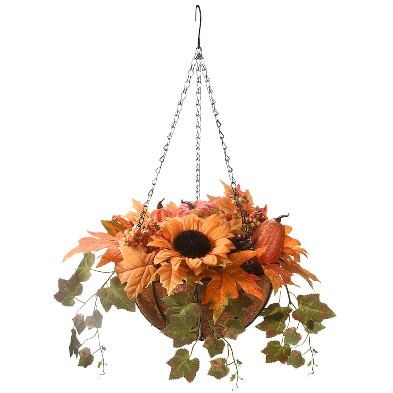 National Tree Company Hanging Basket with Ivy Leaves, 3 Sunflowers, 3 Cones, 3 Berries, 3 Gourds & 1 Pumpkin, 18 inches - 18 in