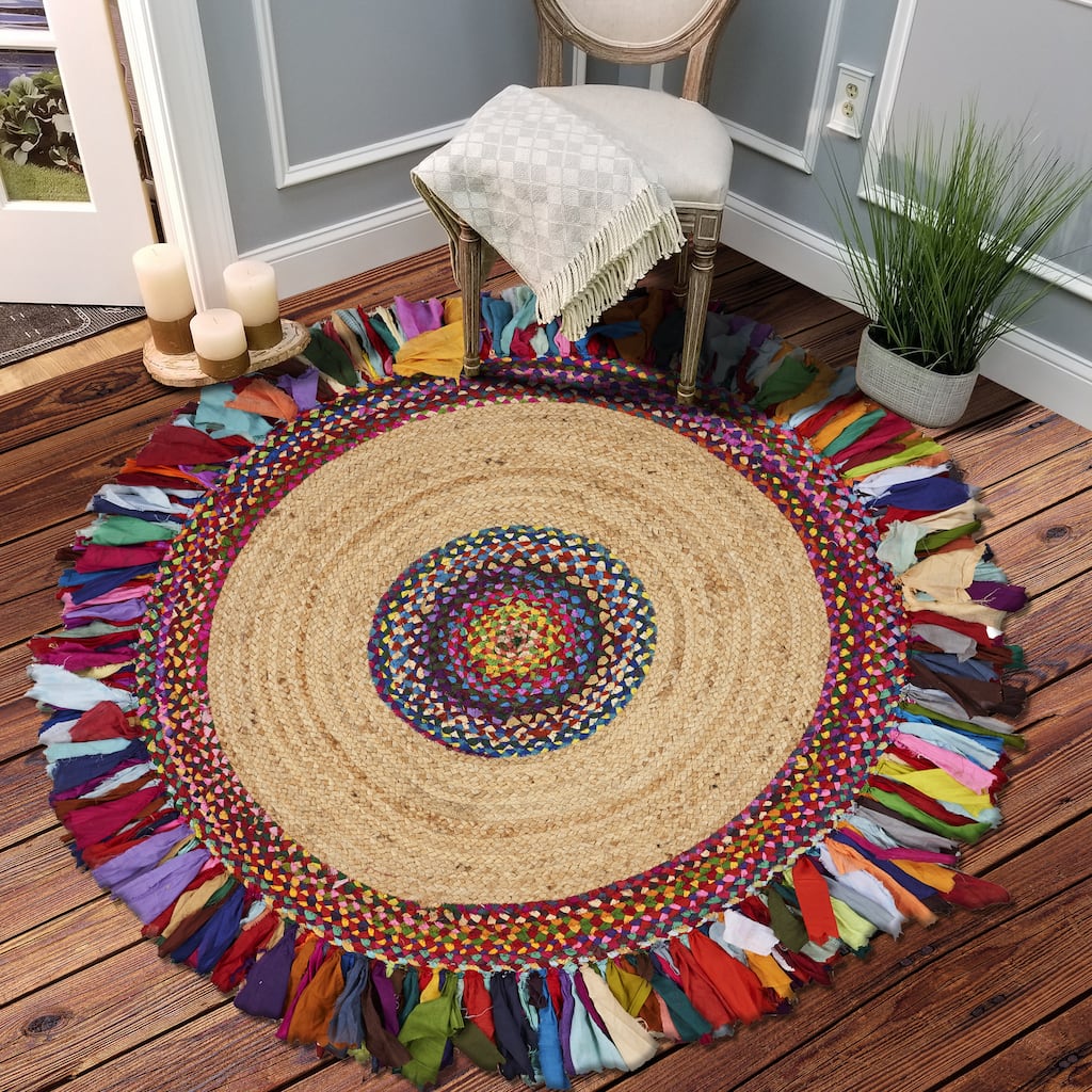 Bera Boho Rainbow Braided Jute Round Area Rug by Sevita