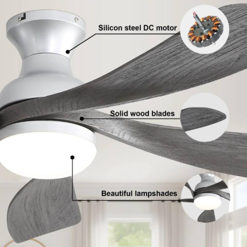 52 Inch Flush Mount Smart Ceiling Fan with Light, APP and Remote Control, Low Profile - 52 inch