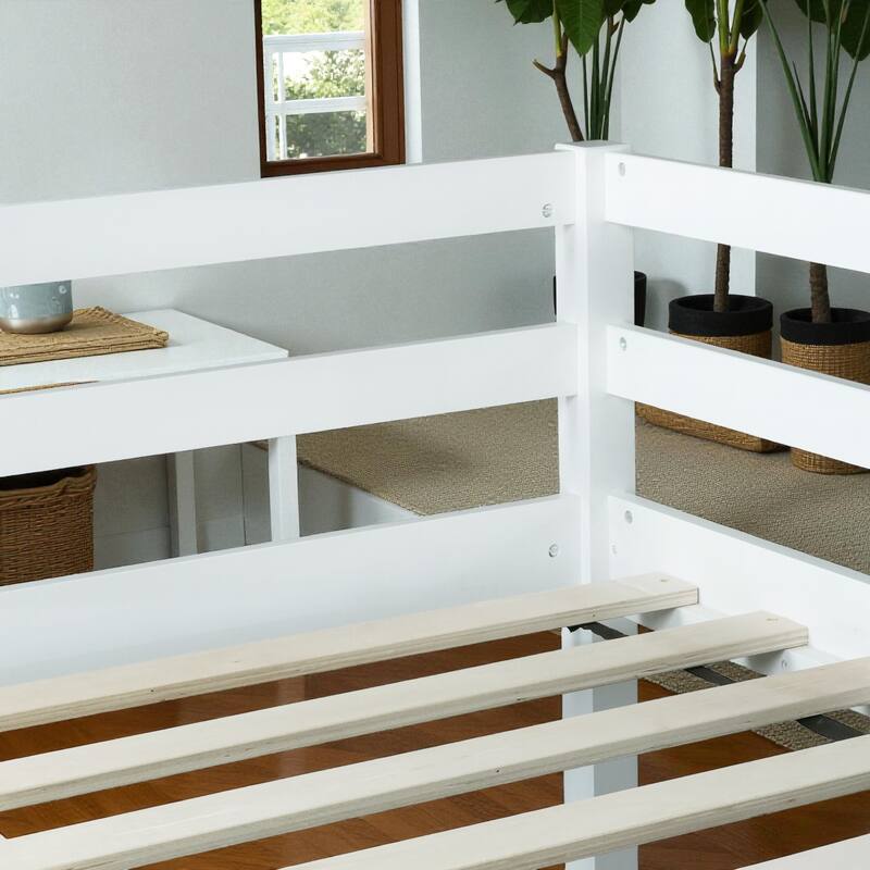 Full Size Loft Bed with Ladder, Solid Rubber Wood Frame Low Height Design with Guard Rails and Under-Bed Storage Space