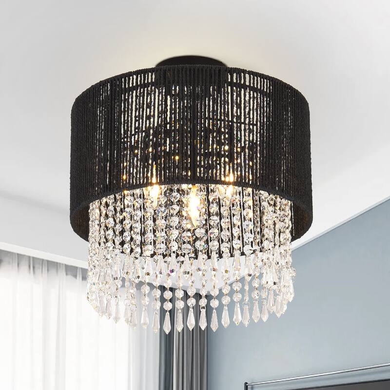 3 - Light Bohemian Rattan & Crystal Semi - Flush Mount Chandelier
