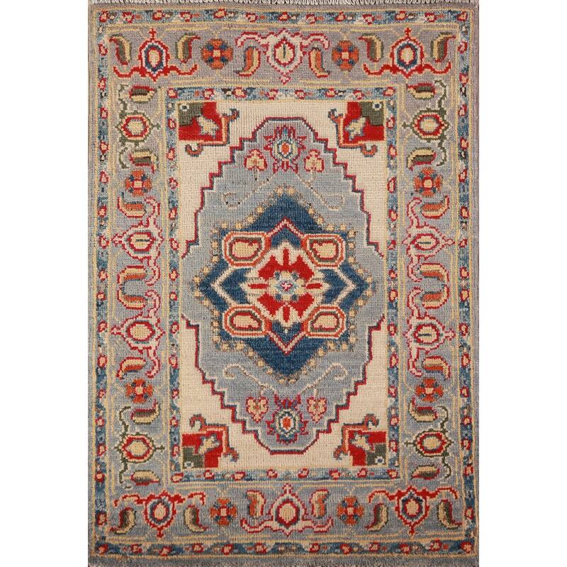 Traditional Kazak Oriental Rug Hand-Knotted Blue Wool Carpet - 2'0"x 3'0"