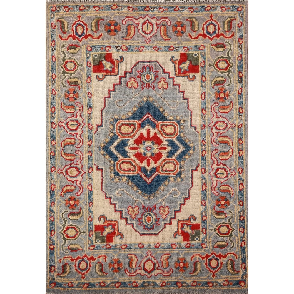 Traditional Kazak Oriental Rug Hand-Knotted Blue Wool Carpet - 2'0"x 3'0"