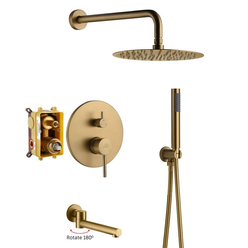1-Spray Pattern 10-inch Round Wall Mount Shower System with Tub Faucet - Brushed Gold