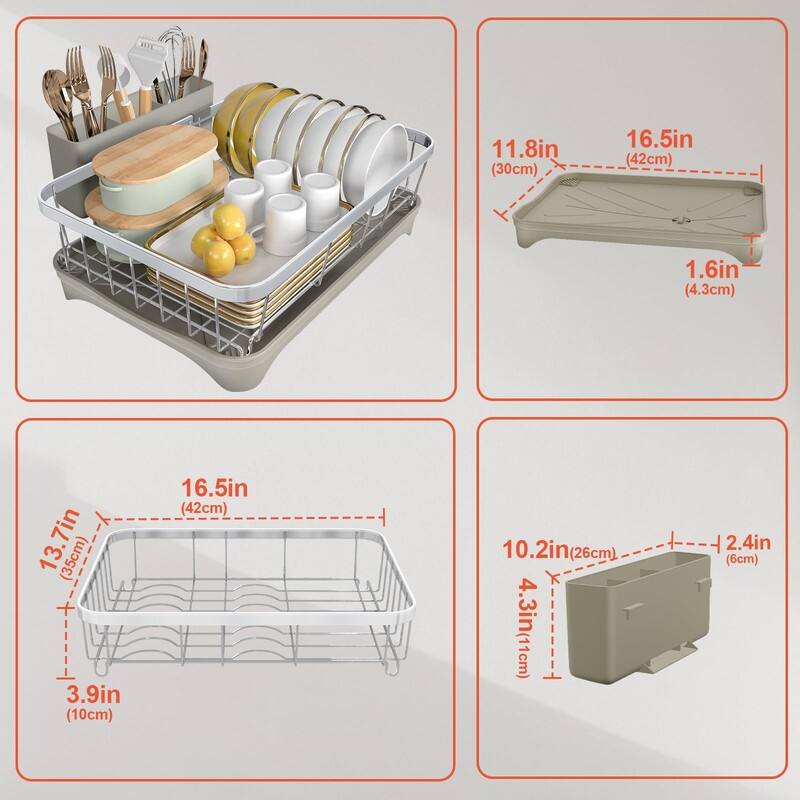Stainless Steel Dish Drying Rack with Drain Tray & Cup Holder
