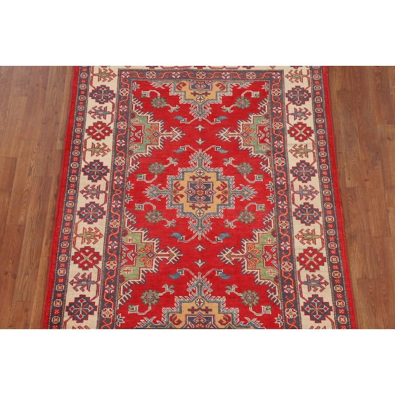 Kazak Oriental Area Rug Hand-Knotted Bedroom Red Wool Carpet - 4'2" x 6'0"