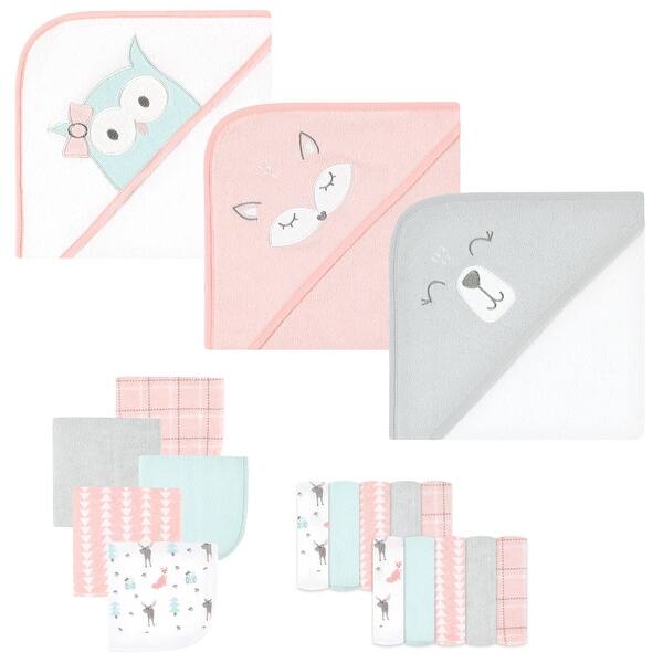 slide 1 of 1, Hudson Baby Infant Girl Animal Hooded Towel 3pk and 15 Washcloths, Girl Woodland, One Size - Girl Woodland - One Size One Size - Girl Woodland