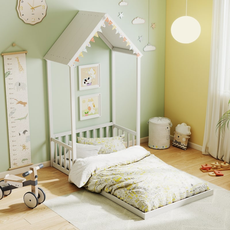 Twin Size Wooden Montessori Floor Bed with House Shape Frame and Semi-Fence Railings for Kids Room - White