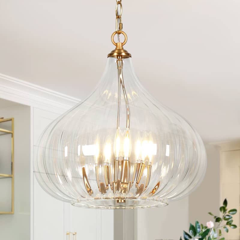 Modern Glam 3-Lights Chandelier Brass Gold Large Pendant with Pumpkin-Shade Clear Ribbed Glass Chandelier for Dining Room