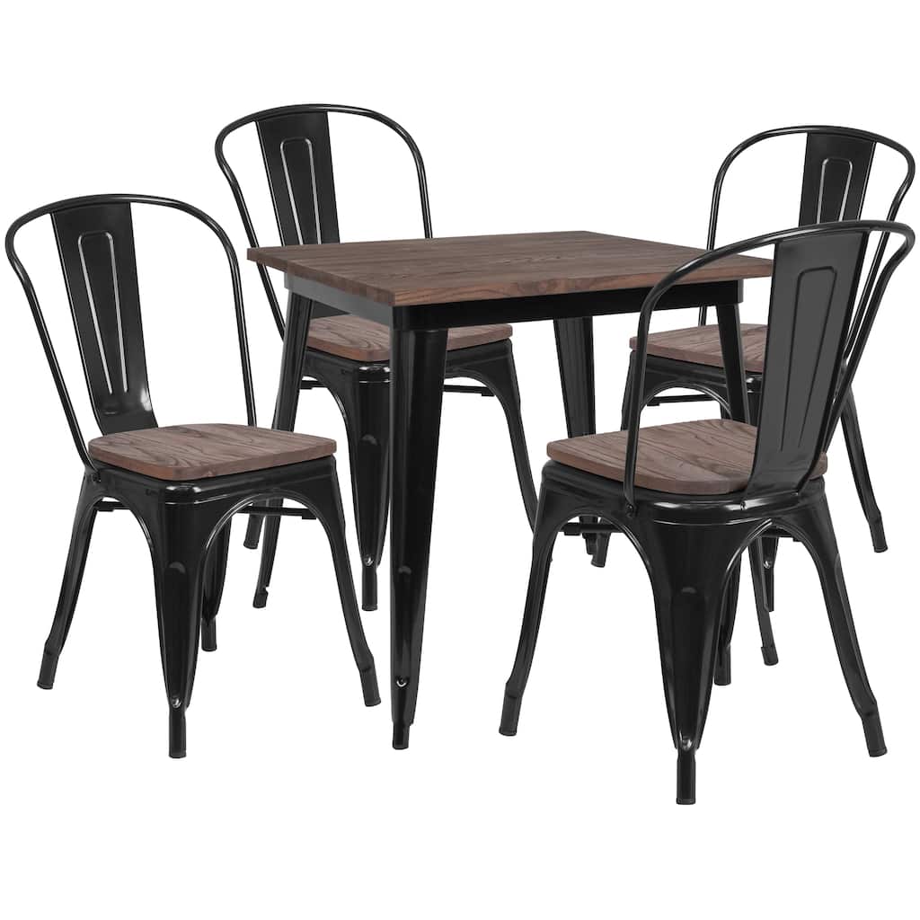31.5" Square Metal Table Set with Wood Top and 4 Stack Chairs