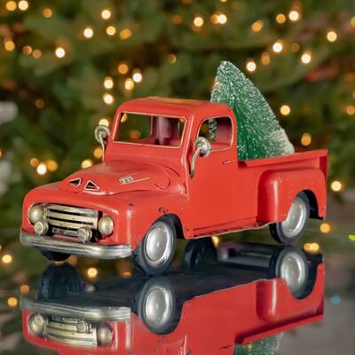 Red Iron Pickup Truck with Christmas Tree - 16.22"x6"x6.5"T
