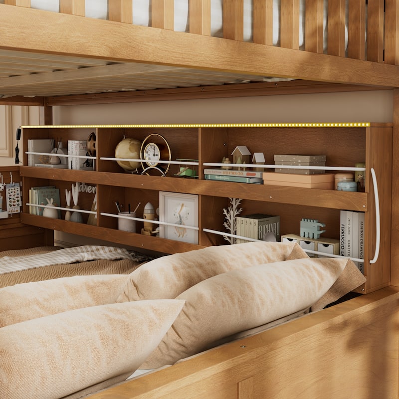 Kids Bunk Bed Frame with Integrated Shelving, Light Strip and Pegboard, Convertible into Floor Platform Bed and Low Loft Bed