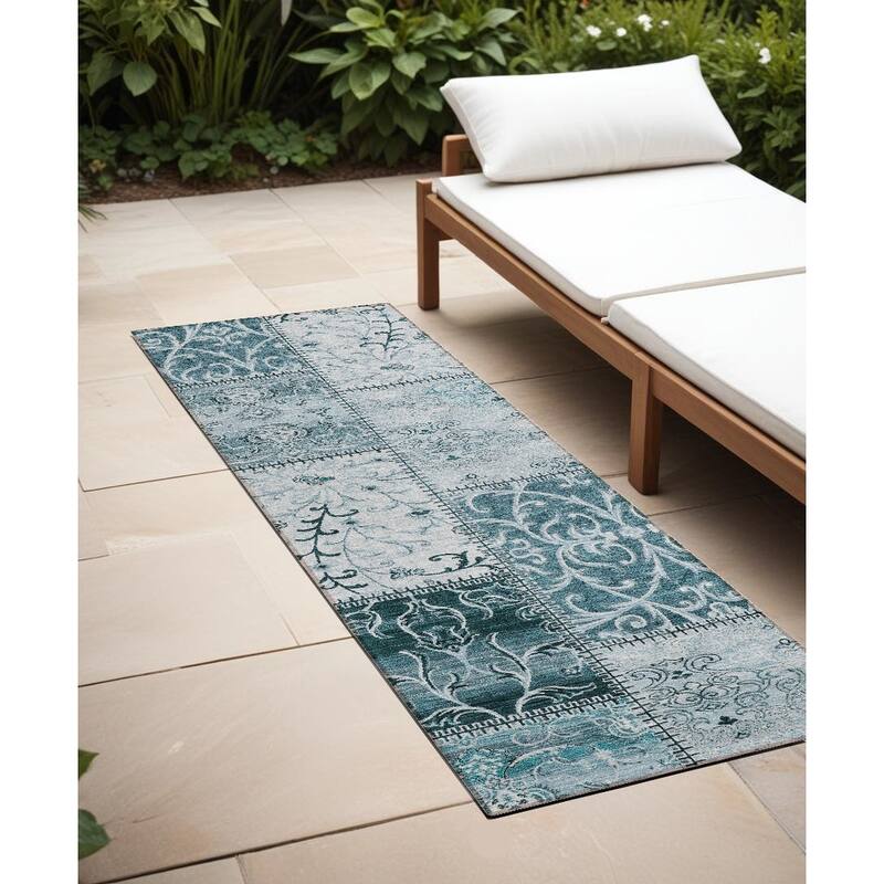 Alfifi Patchwork Weather Resistant Timeless Fusion Round Outdoor Rug - 8' Runner - Teal
