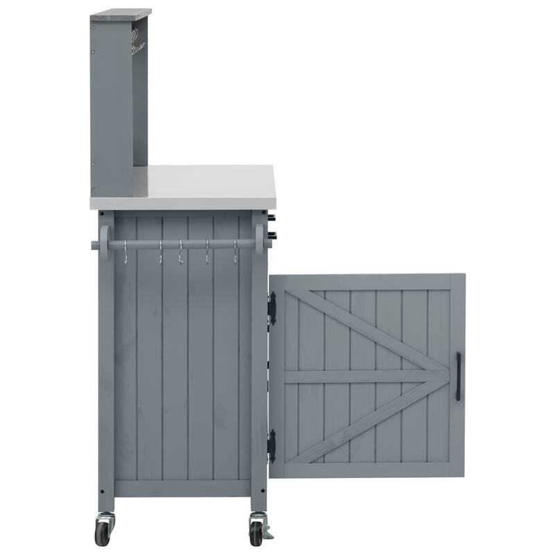 54.1" Outdoor Kitchen Island with High Shelf, Large Outdoor Potting Table with Top and Storage Cabinet, With Lockable Wheels