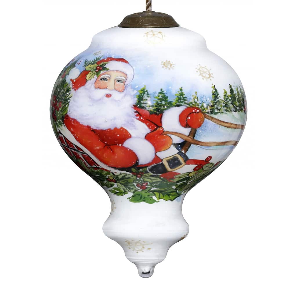 Santa Riding a Sleigh Hand Painted Mouth Blown Glass Ornament - 3.75" x 2.75" x 2.75"