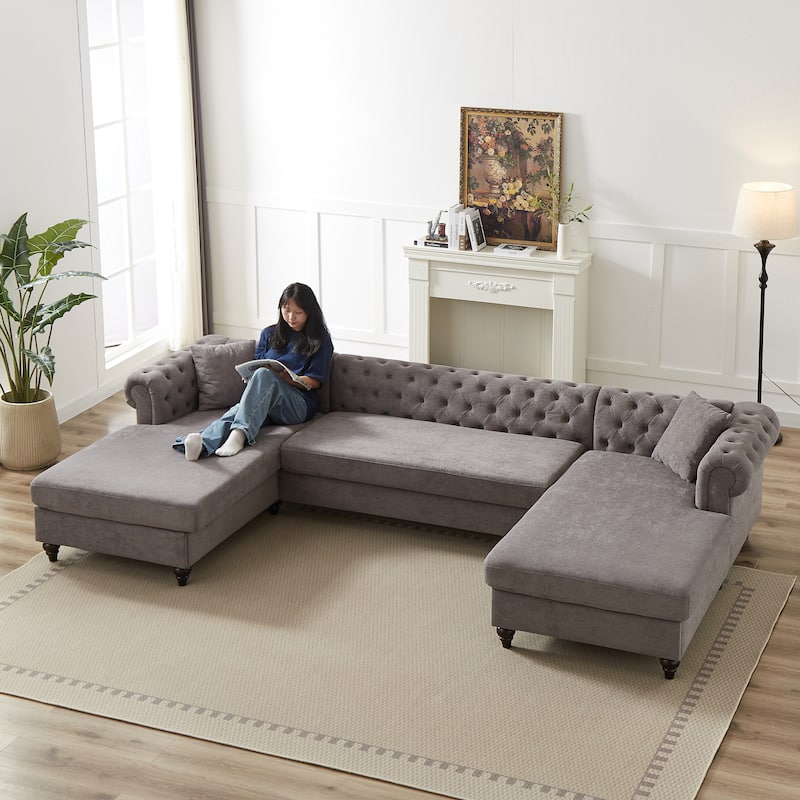 Chenille U-Shaped 5-Seater Sofa with Pull Point Design and Wooden Legs - Grey