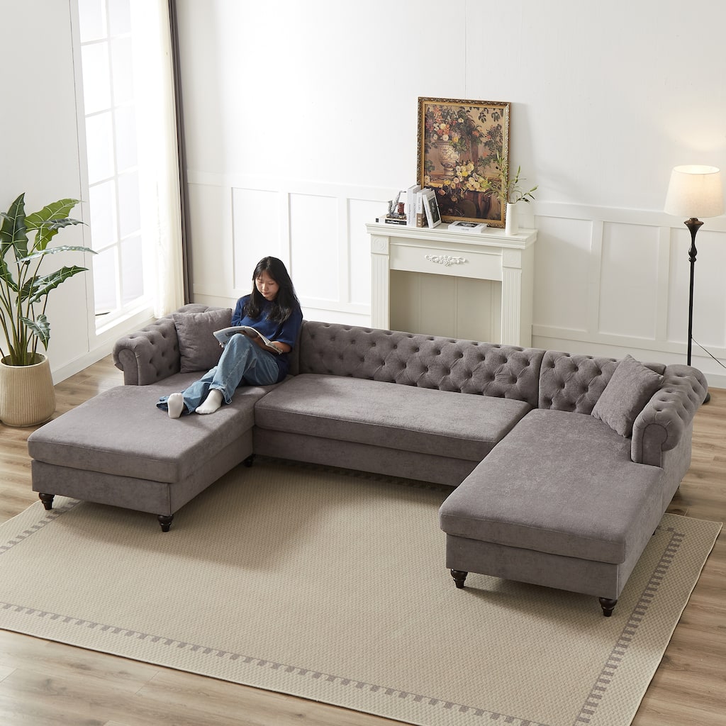 Chenille U-Shaped 5-Seater Sofa with Pull Point Design and Wooden Legs