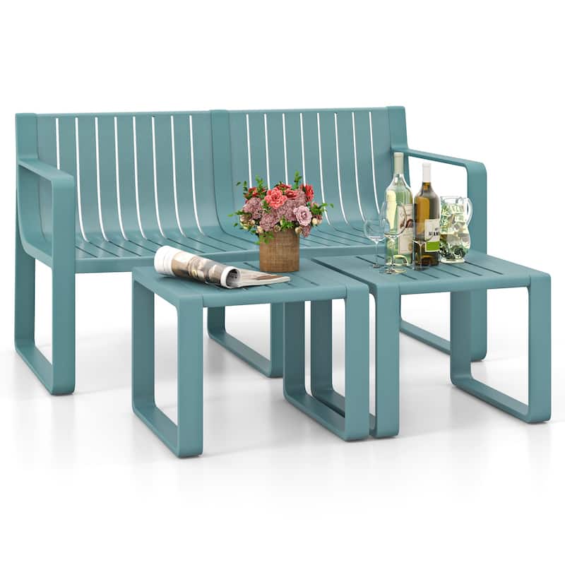 Gymax 3 PCS Patio Furniture Set w/1 Loveseat & 2 Side Tables - Blue