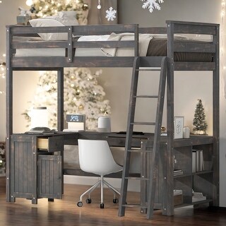 Twin Loft Bed with U-shaped Desk, Drawers and Storage Shelves, Brown