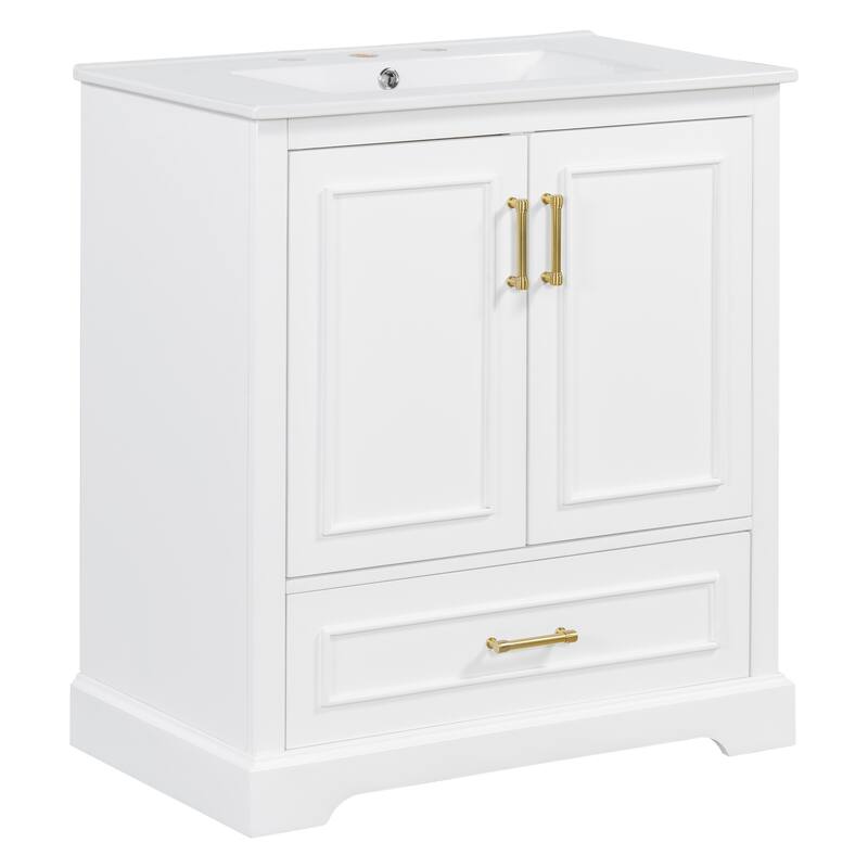 Bathroom Vanity with Ceramic Sink, Freestanding Storage Cabinet with Double Shelf, 1 Divider Drawer & 2 Soft-close Doors