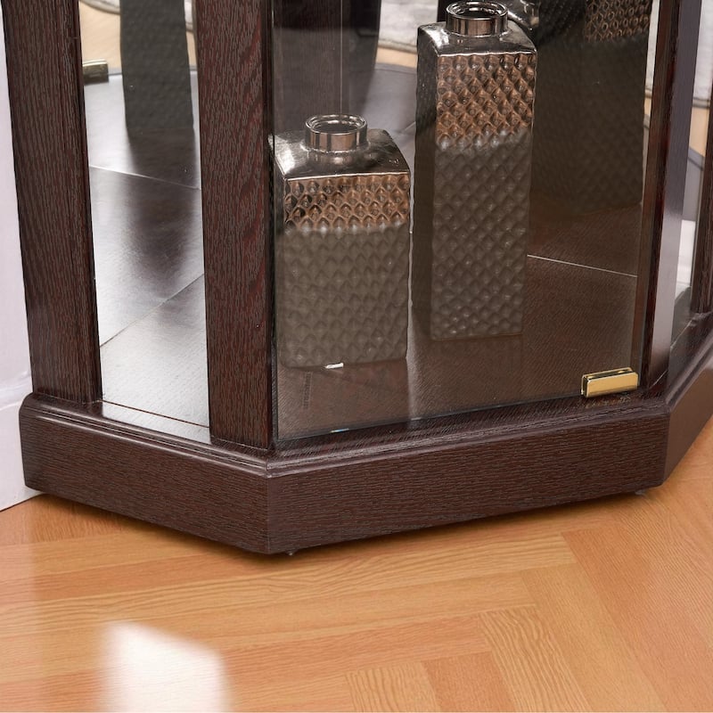 Corner Lighted Glass Curio Cabinet with Doors, Shelves and Mirrored Back for Display and Storage