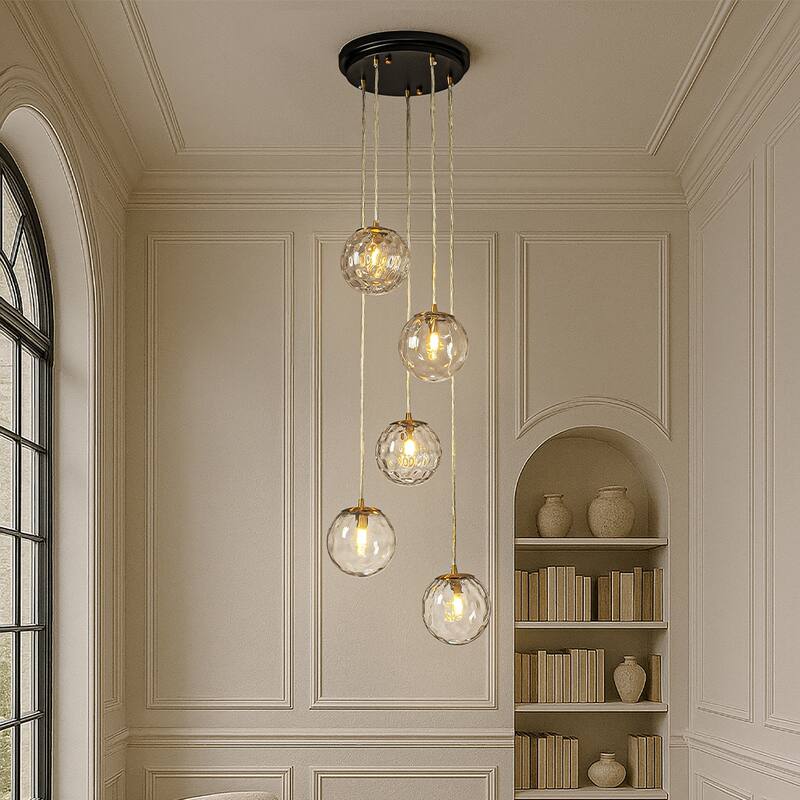 5-Light Modern Clear Ripple Glass Staircase Chandelier Globe Bubble Textured Glass Pendant In Matte Black For Foyer Entryway