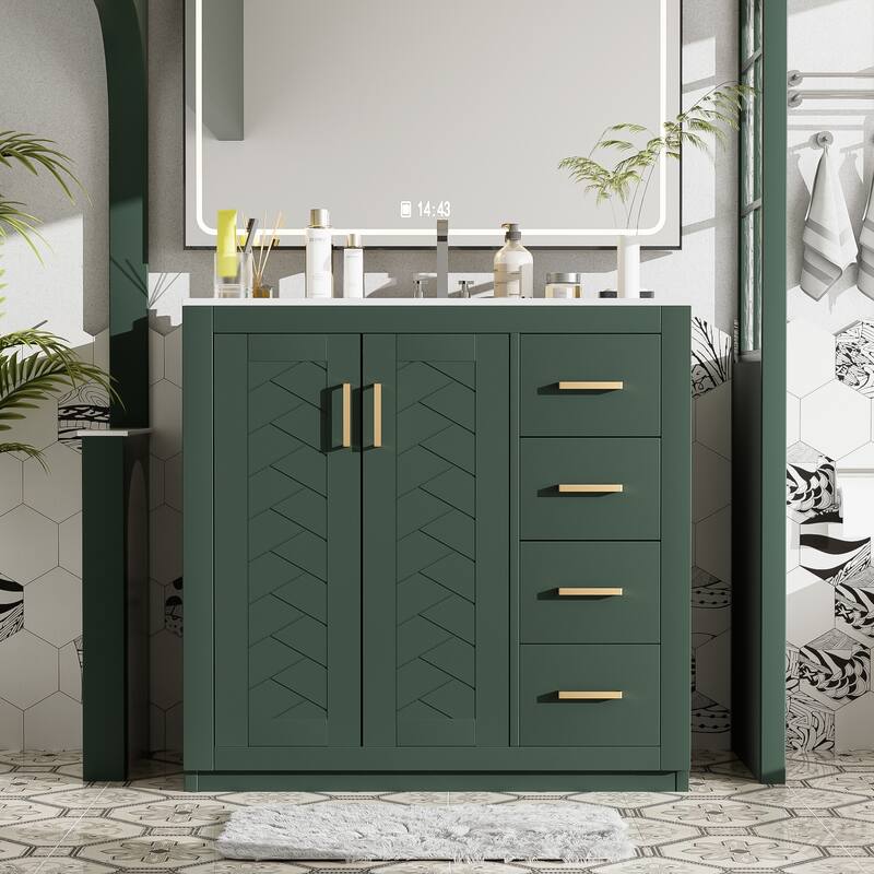 Freestanding Geometric Pattern Bathroom Vanity Solid Wood Frame Storage Cabinet with Sink, 3 Drawers and Soft Closing Doors - Green