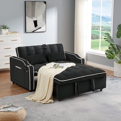 Convertible Sofa Bed with Adjustable Backrest and Side Pocket, Velvet Pull Out Sofa Couch with USB Port, Ashtray and Phone Stand