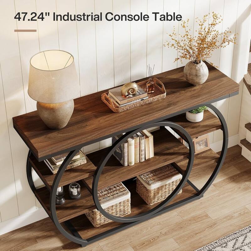 47 Inches Brown Engineered Wood Console Table, 5-Tier Industrial Entryway Table with Storage Shelves
