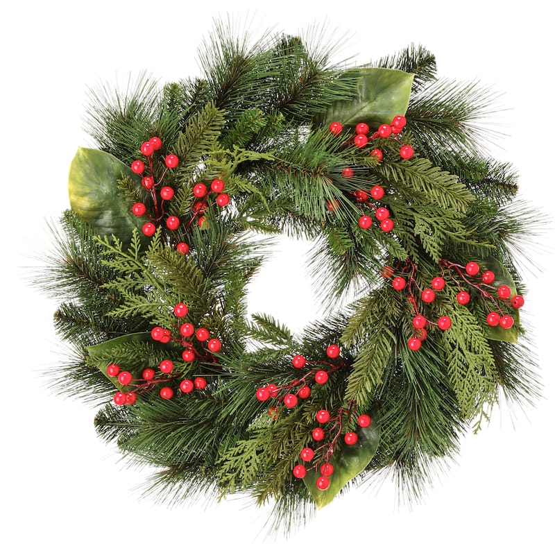 24" Uv Pine/Magnolia/Berry Spruce Wreath - Green - 24