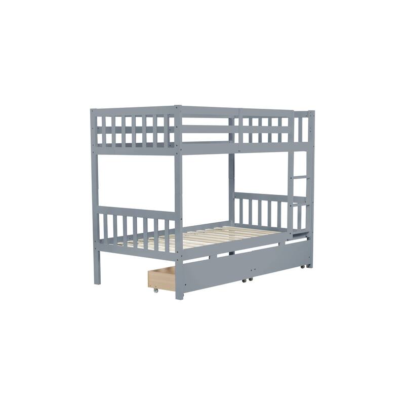 Roomfitters Twin Over Twin Rubber Wood Bunk Bed with Underbed Storage, Convertible to 2 Twin Beds, Ladder & Guardrails