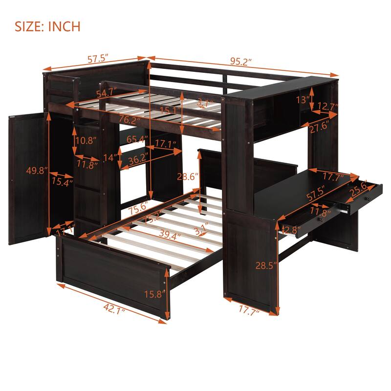 Twin/Full Loft Bed with Stand-Alone Bed, Desk, Shelves & Wardrobe, Wooden Frame with Storage and Guardrail