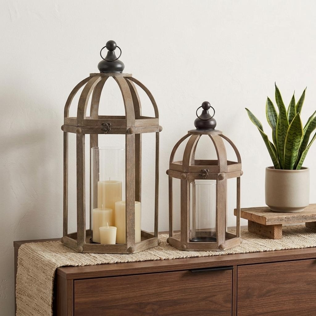 Set of Two Brown Distressed Wood And Glass Floor Lantern Candle Holders