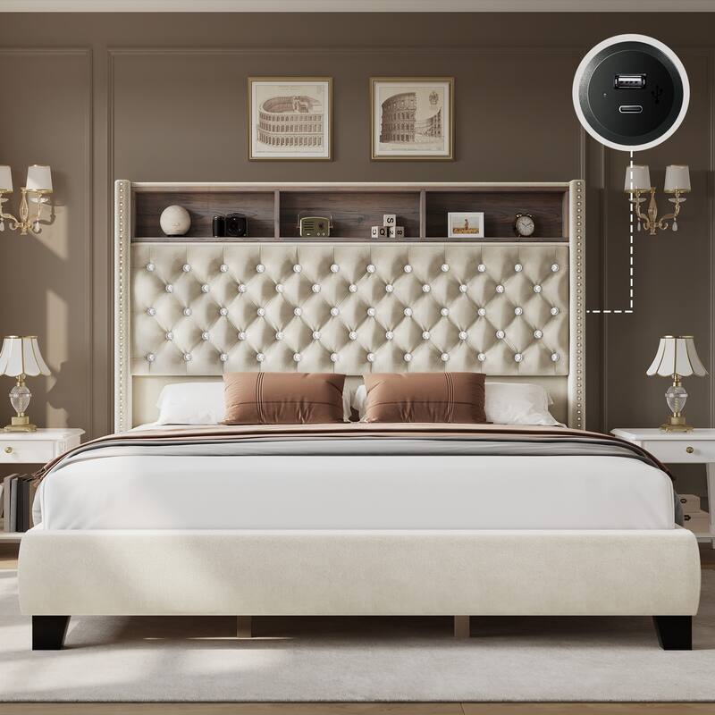 Moasis King Size Velvet Upholstered Bed Frame with Storage Headboard with USB Charging Stations