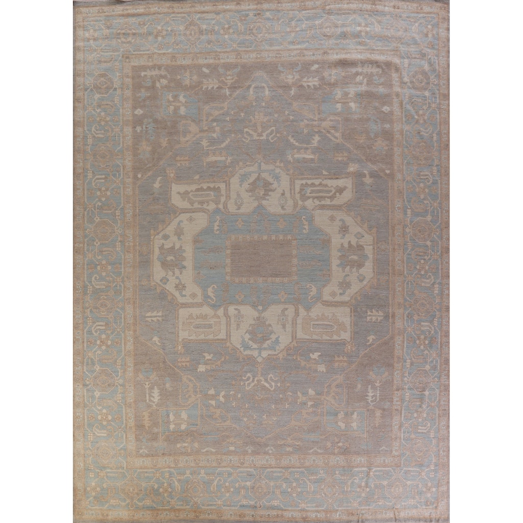 Hand Knotted Oriental 100% Wool Carpet Transitional Medallion Navy Blue & Blues Oushak Area Rug - 14' 8'' X 12' 0''