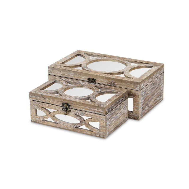 Brown Wood Storage Boxes with Overlayed Mirror Panels (Set of 2)