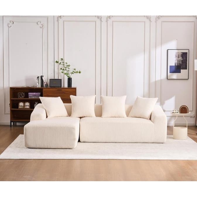 Chaise 3-Seater Sofa, Plush Corduroy, 4 Pillows, Compact