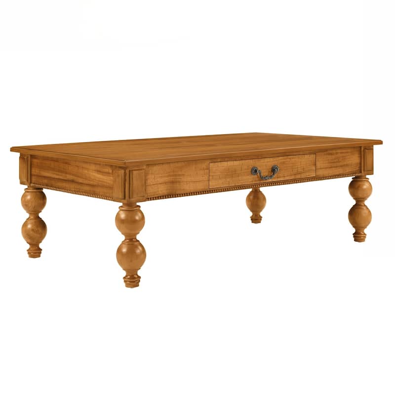 Rectangular Wooden Coffee Table with Storage Drawer, Vintage Cocktail Table with Solid Wood Gourd-Shaped Legs for Living Room