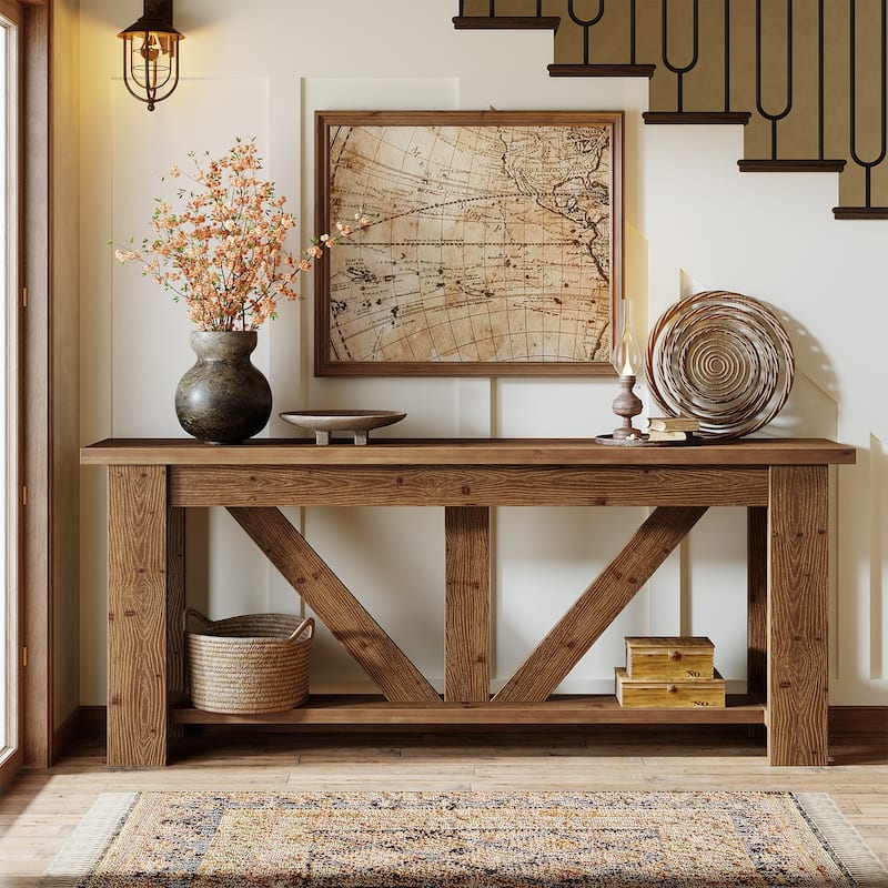 70.9-Inch Solid Wood Console Table, 2-Tier Sofa Table Behind Couch