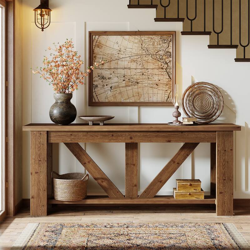 70.9-Inch Solid Wood Sofa Console Table, Extra Long Storage Shelves Entryway Table for Living Room, Hallway, Foyer