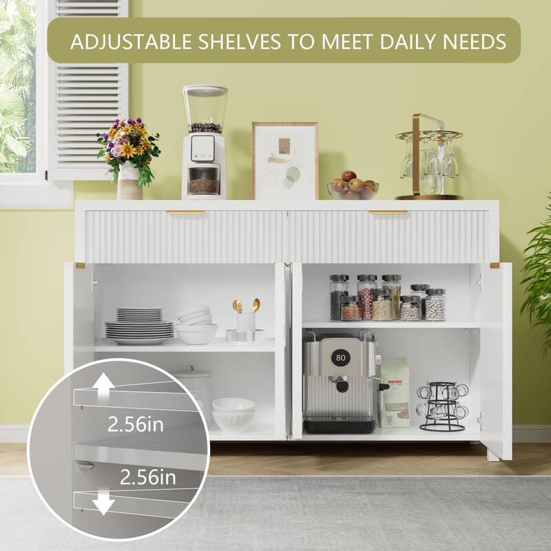 55"Fluted Sideboard Buffet Cabinet with Storage Drawers and Adjustable Shelves