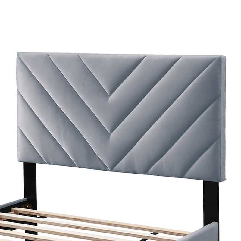 Velvet Upholstered Adjustable Headboard Twin Bed with V-stitching Design