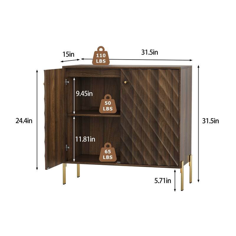 Roomfitters Modern Storage Cabinet with Diagonal Textured Doors, Sideboard Buffet Organizer with Gold Metal Legs, Walnut