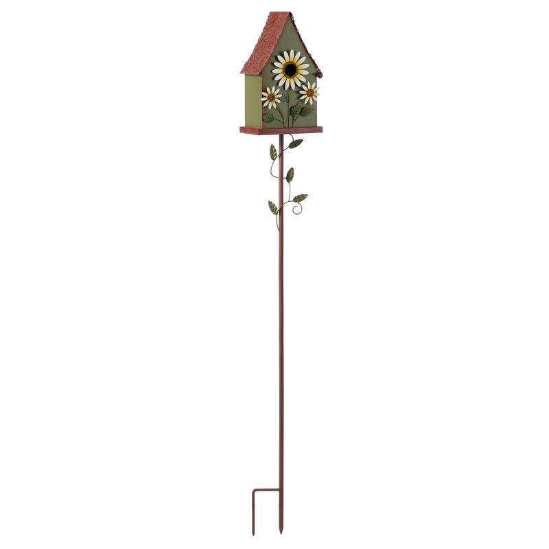 Glitzhome 52.5''H Blue Green Metal Sunflower Decorative Garden Birdhouse with Stake