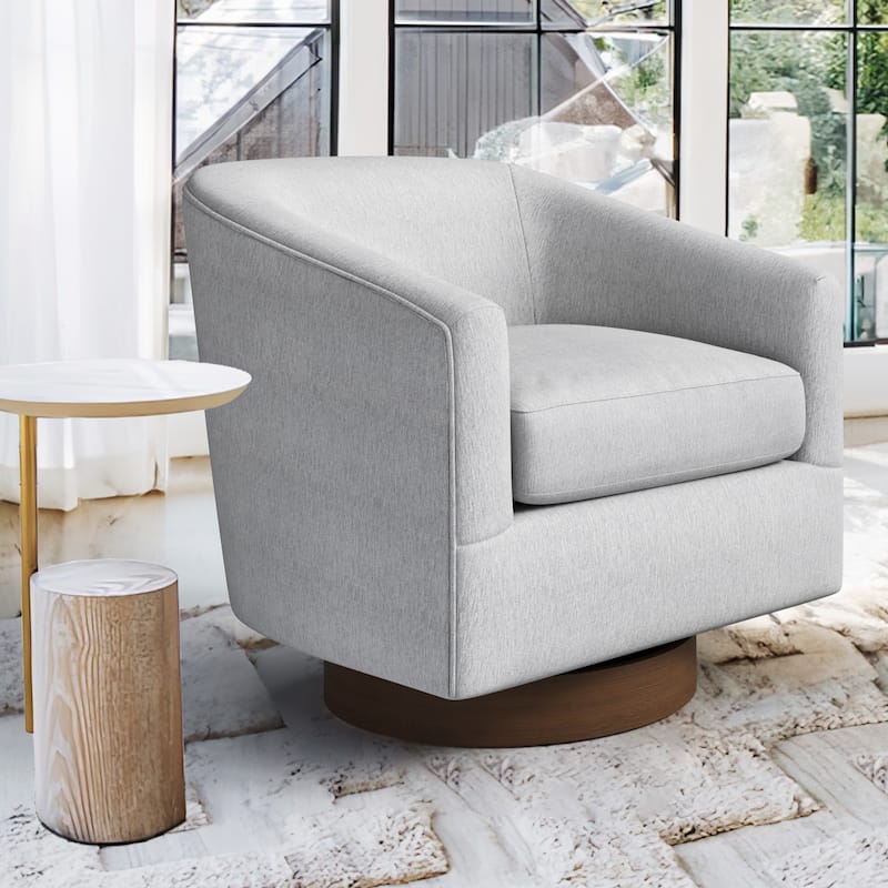 Modern Upholstered Swivel Barrel Accent Chair with Solid Wood Base, Arm Chair for Living Room - Light Grey-Single