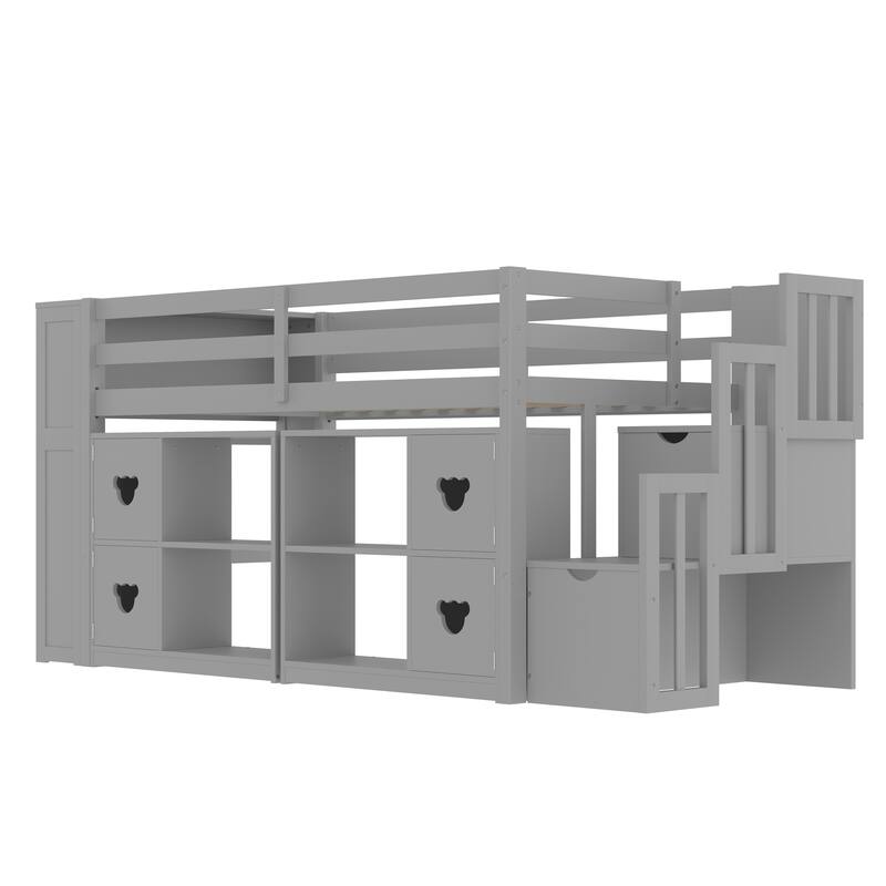 Grey Twin Size Low Loft Bed with Shelves, Storage Headboard, and Stairs